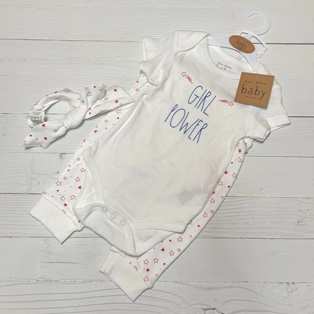 3 for $15 Rae Dunn Girl Power Outfit Bodysuit Pants Set Red White Blue Stars